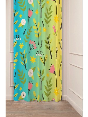 Greendecor Çiçekler Yaprak Çizgili Bohem Desenli Özel Tasarım Dijital Baskılı (Tek Kanat) Modern Şık Fon Perde
