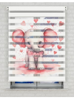 BRIGHTCOVER Pembe Kalpler ve Fil Baskılı Zebra Perde - Gece Gündüz - Bebek Odası Perdesi, Kız Çocuk Odası Perde | Kokusuz Mürekkeple Basılmış  Zebra Perdeler ile Sende Tarzını Yansıt! | 1 Dakikada Pratik Montaj