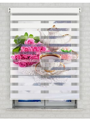 BRIGHTCOVER Pembe Gül ve Fincan Baskılı Zebra Perde - Gece Gündüz Kullanıma Uygundur - Mutfak Perdesi | Kokusuz Mürekkeple Basılmış  Zebra Perdeler ile Sende Tarzını Yansıt! | 1 Dakikada Pratik Montaj