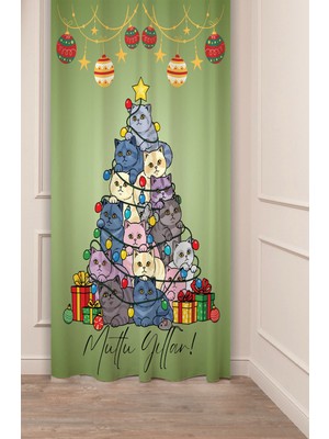 Greendecor Yılbaşı Çam Ağacı Noel Ağacı Kar Yeni Yıl Christmas Desenli Özel Tasarımlı Dijital Baskılı Fon Perde