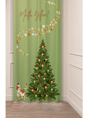 Greendecor Yılbaşı Çam Ağacı Noel Ağacı Kar Yeni Yıl Christmas Desenli Özel Tasarımlı Dijital Baskılı Fon Perde