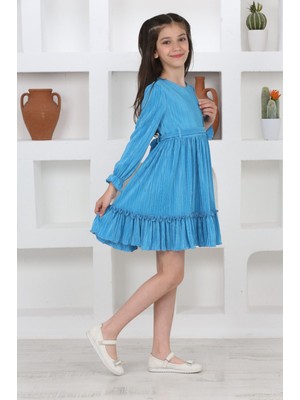 Pantulux Kız Çocuk Örme Saten Çanta Detaylı Pliseli  Astarlı ELBISE-ELB-2043