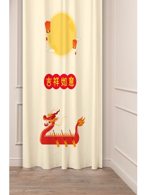 Greendecor Mutlu Dragon Festivali Anime Asya Çin Iyi Şanslar Desenli Dijital Baskılı (Tek Kanat) Fon Perde
