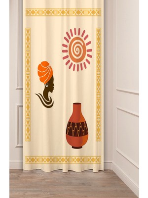 Greendecor Etnik Afrika Antika Vazo Güneş Desenli Bohem Özel Tasarım Dijital Baskılı (Tek Kanat) Bej Fon Perde
