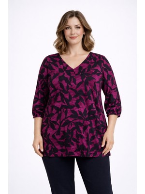 Şans Kadın Büyük Beden Siyah-Mor, V Yaka, Kol Ağzı Lastikli, Desenli Viskon Bluz 65N39341