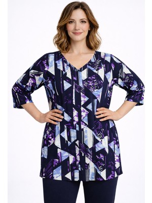 Şans Kadın Büyük Beden Mavi, V Yaka Geometrik Desen. Truvakar Kol Viskon Bluz 65N39342
