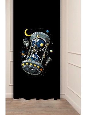 Greendecor Uzay Astronot Desenli Dijital Baskılı Fon Perde (Tek Kanat) Renkli Modern Tasarımlı Fon Perde