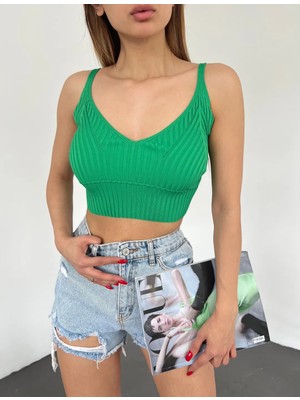 End Black Store V Yaka Askılı Crop Triko Kadın Büstiyer Yeşil DF2202