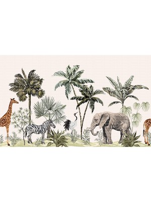 Palmiyeler Altında Zürafa Fil Çocuk Odası Poster Duvar Kağıdı