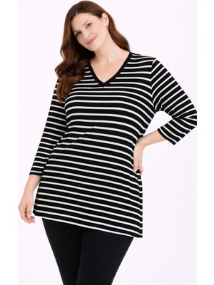 Şans Kadın Büyük Beden Siyah, Truvakar Kol, V Yaka Çizgili Bluz 65N39315
