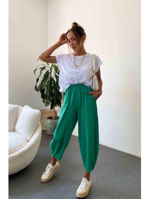 Nana & Mayka Moda Kadın Zümrüt Yeşili Şalvar Pantolon Salaş Dört Mevsim Rahat Pamuk Lastikli Bel Günlük Model Gabardin