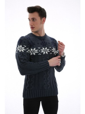 buğrahayalin Erkek Kar Desenli Kapartma Baskılı Kışlık Kalın Günlük Triko Kazak