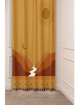 Greendecor Bohem Ay Güneş Dağ Çöl Nehir Özel Tasarım Desenli Dijital Baskılı (Tek Kanat) Modern Şık Fon Perde