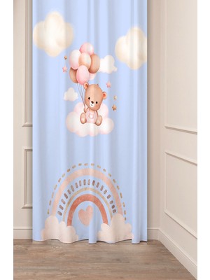 Greendecor Özel Tasarım Ayıcık Yıldız Ay Balon Desenli Dijital Baskılı (Tek Kanat) Çocuk Odası Modern Fon Perde