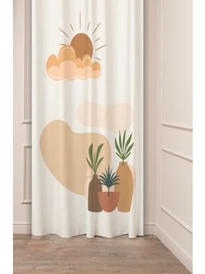 Greendecor Bohem Vazo Bulut Çiçek Güneş Özel Tasarım Soft Dijital Baskılı (Tek Kanat) Bej Ekru Modern Fon Perde