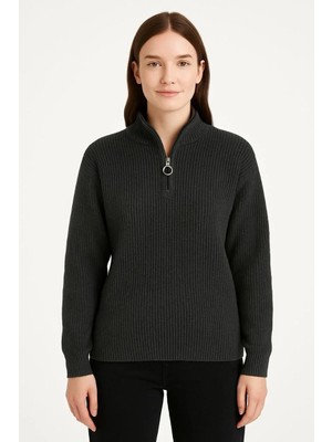 Rawea Fashion Kadın Yarım Fermuarlı Triko Kazak – Selanik Örgü, Dik Yaka, Pamuklu Dokuma, Oversize Uzun Kollu Kışlık Model - Füme