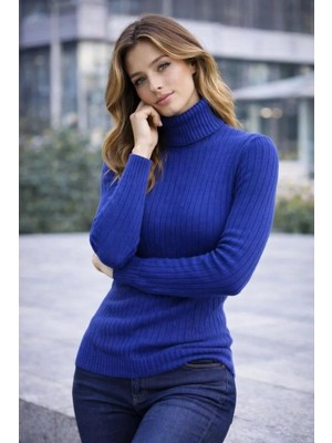 Rawea Fashion Kadın Balıkcı Yaka Bağazlı Triko Kazak Pamuklu Kalın Fitilli Dokuma - Indigo