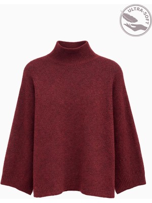 Mixray 6998 Kadın Yarasa Kol Yün Karışımlı Balıkçı Yaka Triko Kazak Bordo