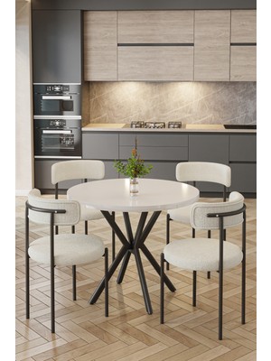 Baresmu Barted Masa Sandalye Takımı 4 Kişilik | Yuvarlak 90 cm | Teddy Sandalyeli Modern Tasarım