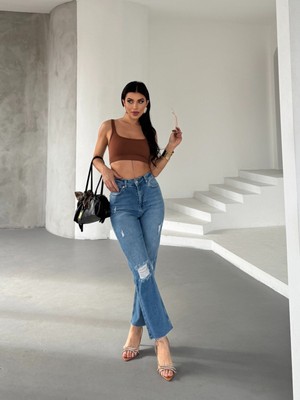 Aida Fashion Diz Yırtık Boyfit Jeans