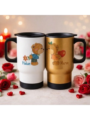 Bk Gift Kişiye Özel Sevgili Çift Tasarımlı 2’li Kulplu Beyaz&gold Çelik Termos Mug 450 ml -19, Sevgiliye Hediye, Sevgililer Günü Hediyesi