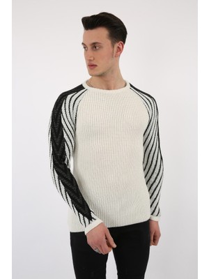 buğrahayalin Erkek Beyaz Kolu Şeritli Kalın Kışlık Günlük Triko Kazak