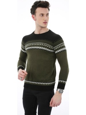 buğrahayalin Desenli Haki Kalın Kışlık Günlük Triko Kazak