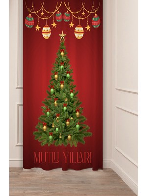 Greendecor Yılbaşı Çam Ağacı Noel Ağacı Kar Yeni Yıl Christmas Desenli Özel Tasarımlı Dijital Baskılı Fon Perde