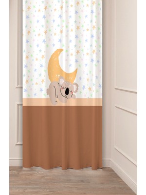 Greendecor Özel Tasarım Ayıcık Yıldız Ay Bej Desenli Dijital Baskılı (Tek Kanat) Çocuk Odası Modern Fon Perde