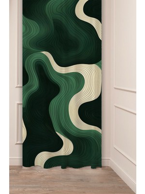 Greendecor Dalga Desenli Dijital Baskılı Fon Perde (Tek Kanat) Renkli Modern Tasarımlı Yeşil Zümrüt Bej Perde