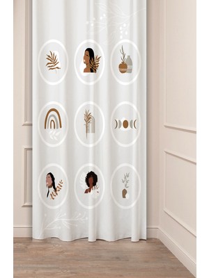 Greendecor Minimalist Soft Sade Pastel Yaprak Bohem Özel Tasarım Dijital Baskılı (Tek Kanat) Bej Krem Fon Perde