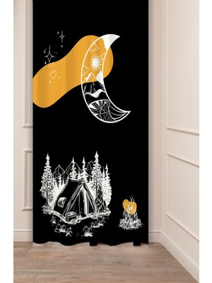 Greendecor Kamp Ay Dağ Ateş Güneş Çam Ağacı Doğa Desenli Özel Tasarım Dijital Baskılı (Tek Kanat) Şık Fon Perde