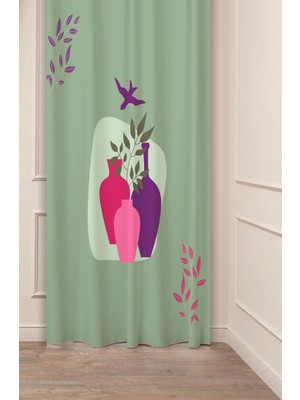 Greendecor Vazo Yaprak Kuş Soft Pastel Bohem Desenli Özel Tasarım Dijital Baskılı (Tek Kanat) Modern Fon Perde