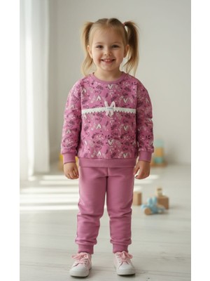 Kız Çocuk Tavşan Figürlü ve Fisto Detaylı Desenli Eşofman Takımı - Gül Kurusu