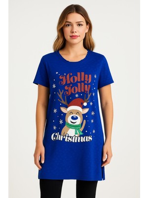 Şans Kadın Büyük Beden Saks, Yaka Yırtık Detaylı, Yan Yırtmaçlı Baskılı Tunik 65N39247