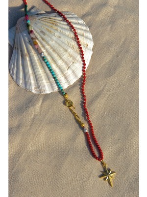 CAPO By Aytaç Yamaç Altın Kaplama Sirius Yıldızı Mercan Turkuaz Inci ve Turmalin Taşlı Kolye - Zarif ve Renkli Takı