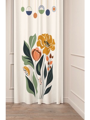 Greendecor Minimalist Soft Sade Pastel Yaprak Bohem Özel Tasarım Dijital Baskılı (Tek Kanat) Bej Krem Fon Perde