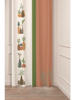 Greendecor Özel Tasarım Bohem Yaprak Vazo Çiçek Ethnic African Desenli Dijital Baskılı (Tek Kanat) Fon Perde