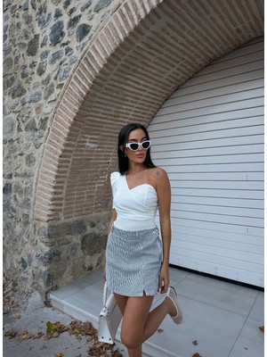 End Black Store Tek Omuz Prenses Kol Krep Kadın Bluz Ekru