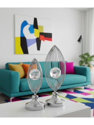 Decodelight Krom Metal Ayaklı Krom Yelken Model Baloncuk Camlı 2'li Ev Aksesuar Dekor Biblo Obje