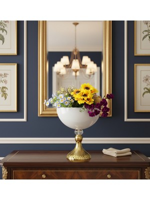 Decodelight Gold Dekoratif Desenli Metal Ayaklı Kristal Taşlı Beyaz Küre Salon Düğün Nişan Vazo Masa Dekor