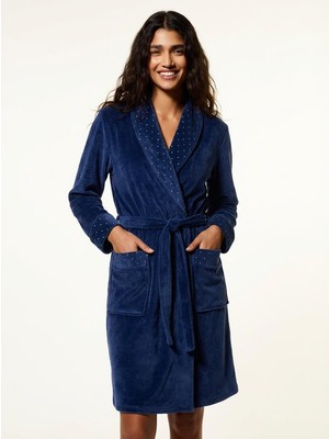 Cotonhause Kadın Kadife Şal Yaka Uzun Kollu Cepli %100 Pamuk Lacivert Sabahlık COT618135