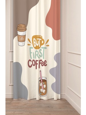 Greendecor Coffe Time Espresso Latte Kahve Zamanı Bohem Desenli Özel Tasarım Dijital Baskılı Şık Tarz Fon Perde