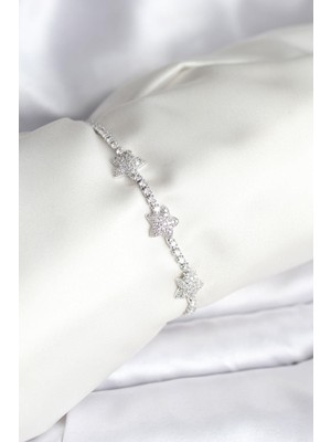 Inure Jewelry Yıldız Model Zirkon Taşlı Gümüş Renk Pirinç Su Yolu Kadın Bileklik
