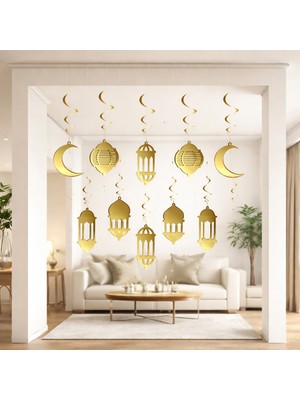 Bak Gel Al Ramazan Gold 3D Tavan Spiral Süs Seti 10 Parça Avize Duvar Salon Iftar Dekor Asma Aksesuarı