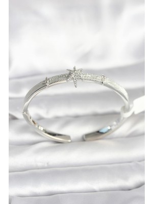 Inure Jewelry Pirinç Gümüş Renk Kutup Yıldızı Model Kadın Kelepçe Bileklik
