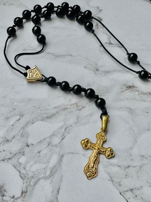 CAPO By Aytaç Yamaç Oniks Vintage Görünümlü Eskitme Altın Kaplama Haçlı Rosary Kolye