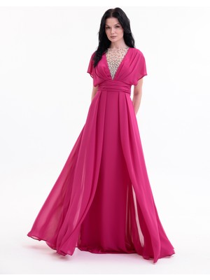 Bdm Exclusive V Yaka El Işi Taş Detaylı Şifon ve Krep Uzun Abiye Elbise