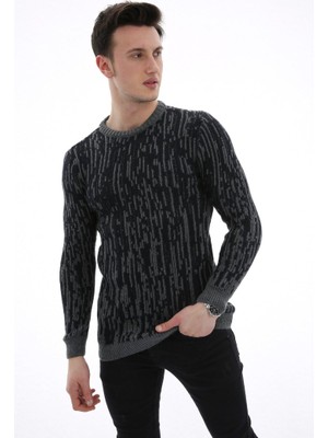 buğrahayalin Çizgi Desenli Antrasit Kalın Kışlık Günlük Triko Kazak