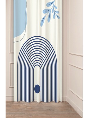 Greendecor Bohem Yaprak Geometrik Çizgi Desenli Özel Tasarım Dijital Baskılı (Tek Kanat) Mavi Şık Fon Perde